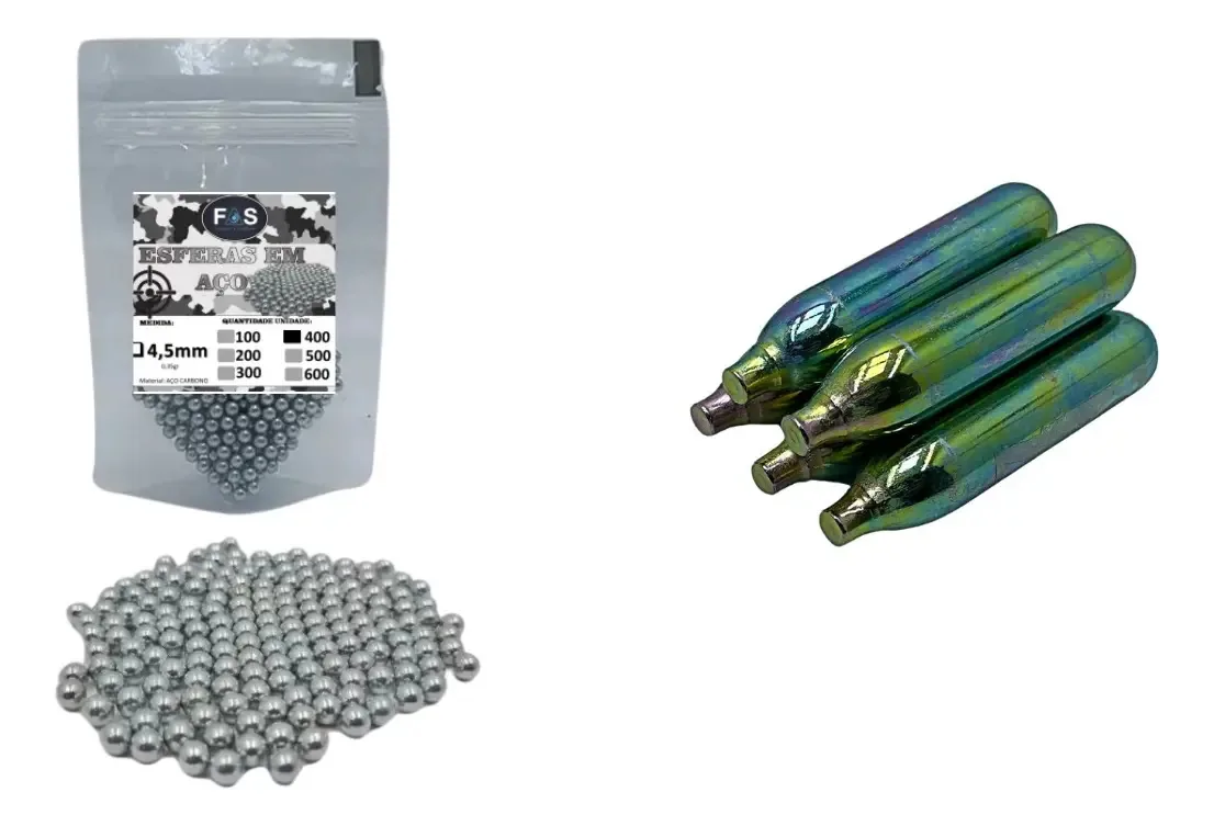 Kit com Esferas de Aço BBS 4,5mm para Pistola e 5 Cilindros Co2