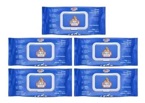 Toalhas Umedecidas Blue Premium Para Pets 100 Unidades Kit 5
