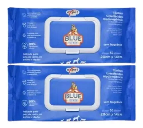Toalhas Umedecidas Blue Premium Para Pets 50 Unidades Kit 2