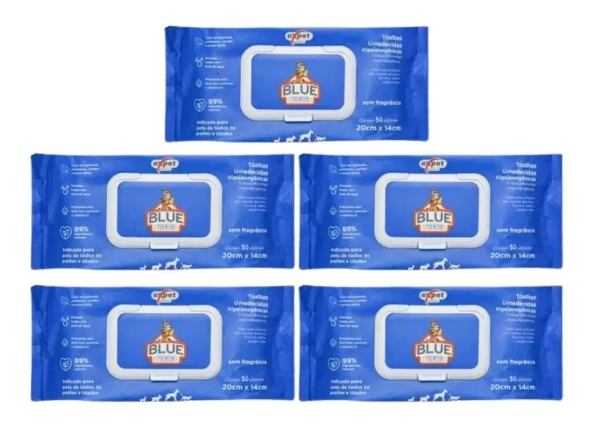 Toalhas Umedecidas Blue Premium Para Pets 50 Unidades Kit 5