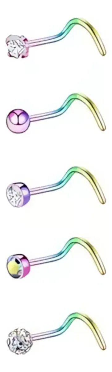 Conjunto de 5 piercings cirúrgicos de aço tipo S, zircônia, narina, cor multicolorido
