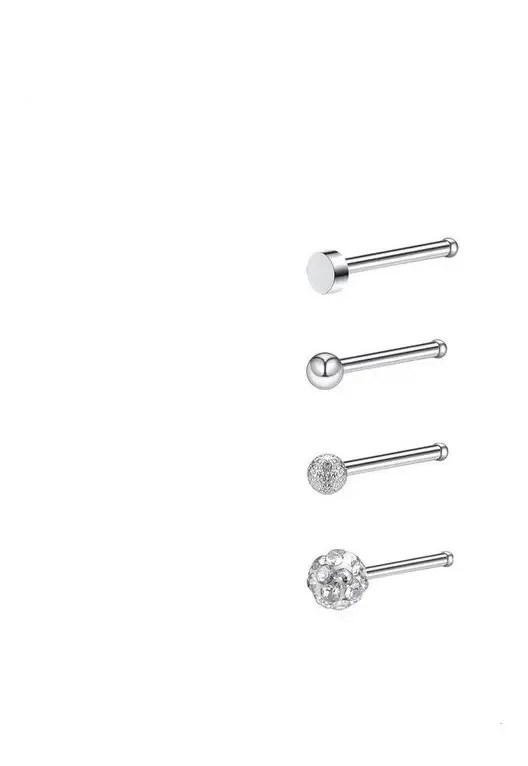 Conjunto 4 Piercings Aço Inoxidável Nariz Zircônia Nostril Punk Cor Prateada