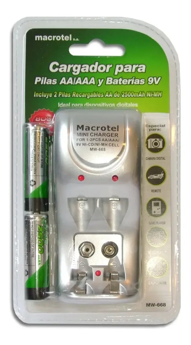 Carregador de bateria Macrotel + 2 pilhas AA 2500mha