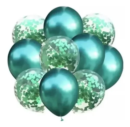Kit 10 balões metálicos - confetes transparentes cromados Escolha a cor verde
