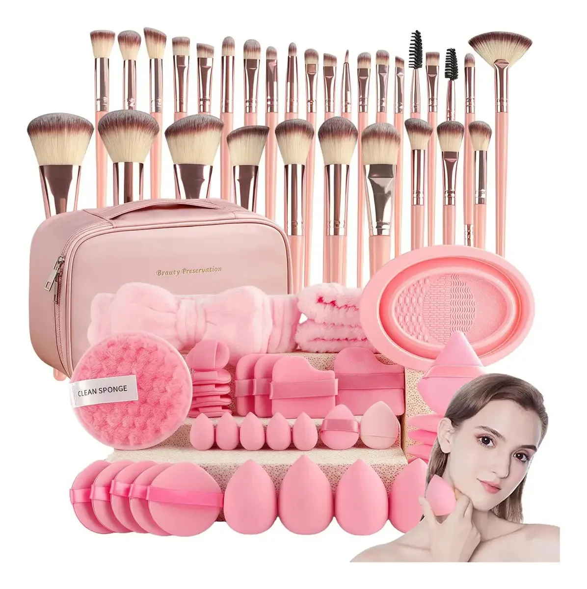 Pincéis de maquiagem rosa profissionais Fazxssea, multifuncionais, com estojo que inclui pincéis de base, ferramentas faciais e oculares, ideais para iniciantes e profissionais.