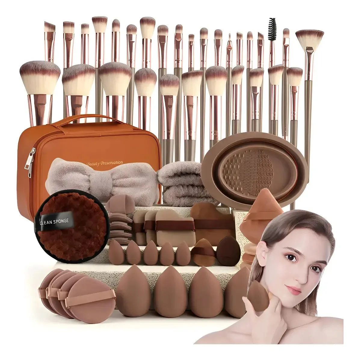 Pincéis profissionais de maquiagem marrom Fazxssea, multifuncionais, com estojo que inclui pincéis de base, ferramentas faciais e oculares, ideais para iniciantes e profissionais.