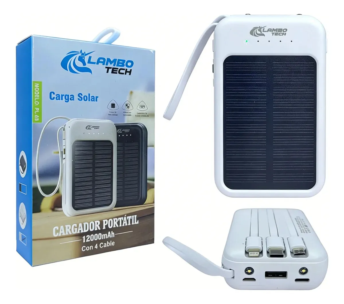 Banco de energia com carregador solar Lictin para telefones, capacidade de 12000mah com cabo embutido, branco