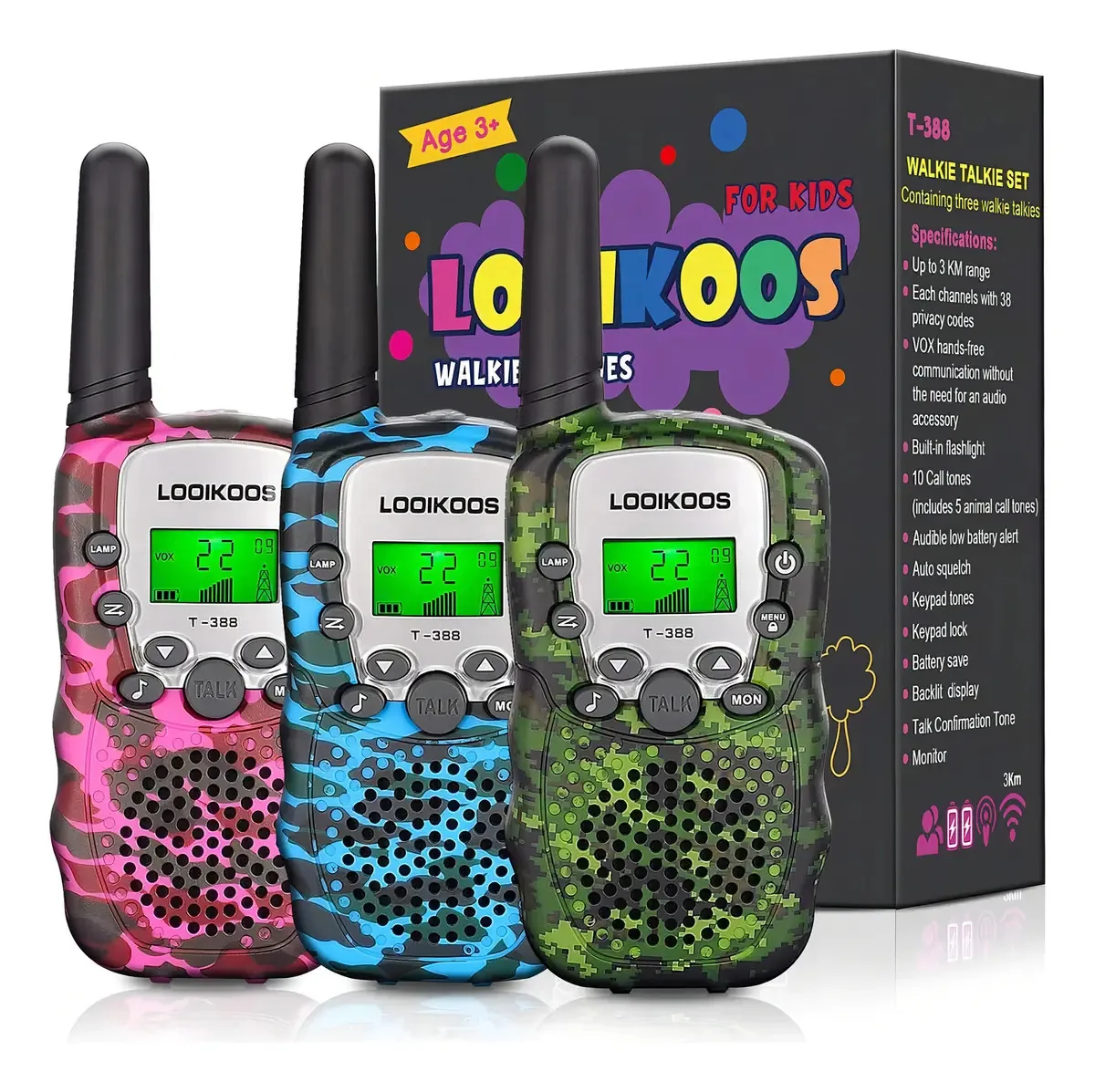 Walkie Talkies Looikoos para crianças, crianças de longo alcance de 3 km