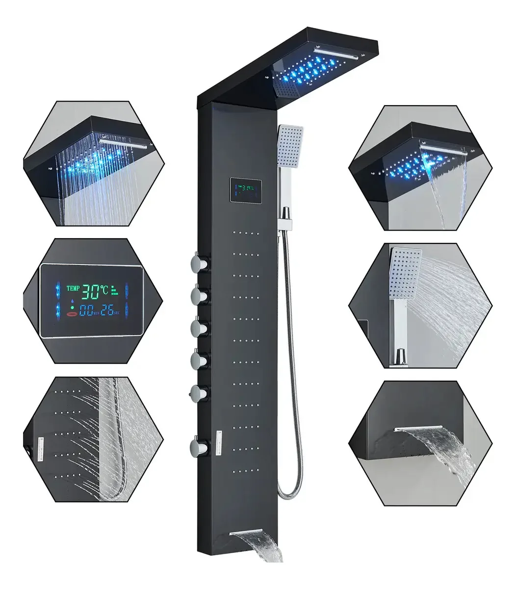 Painel de chuveiro LED com indicador de temperatura e massageador
