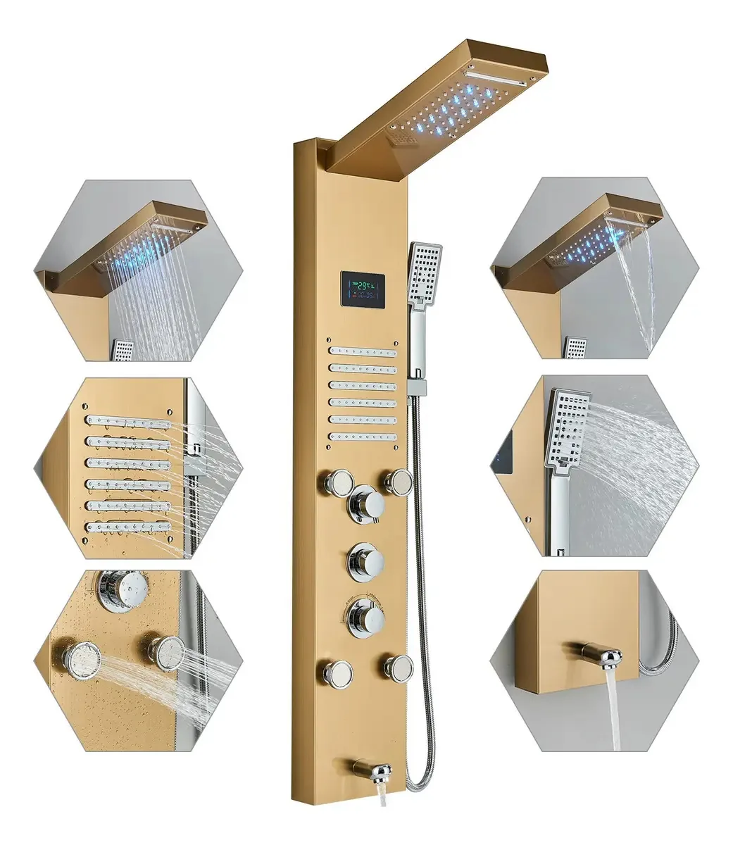 Chuveiro de coluna para banheiro, painel de chuveiro de painel 5 em 1, luz LED