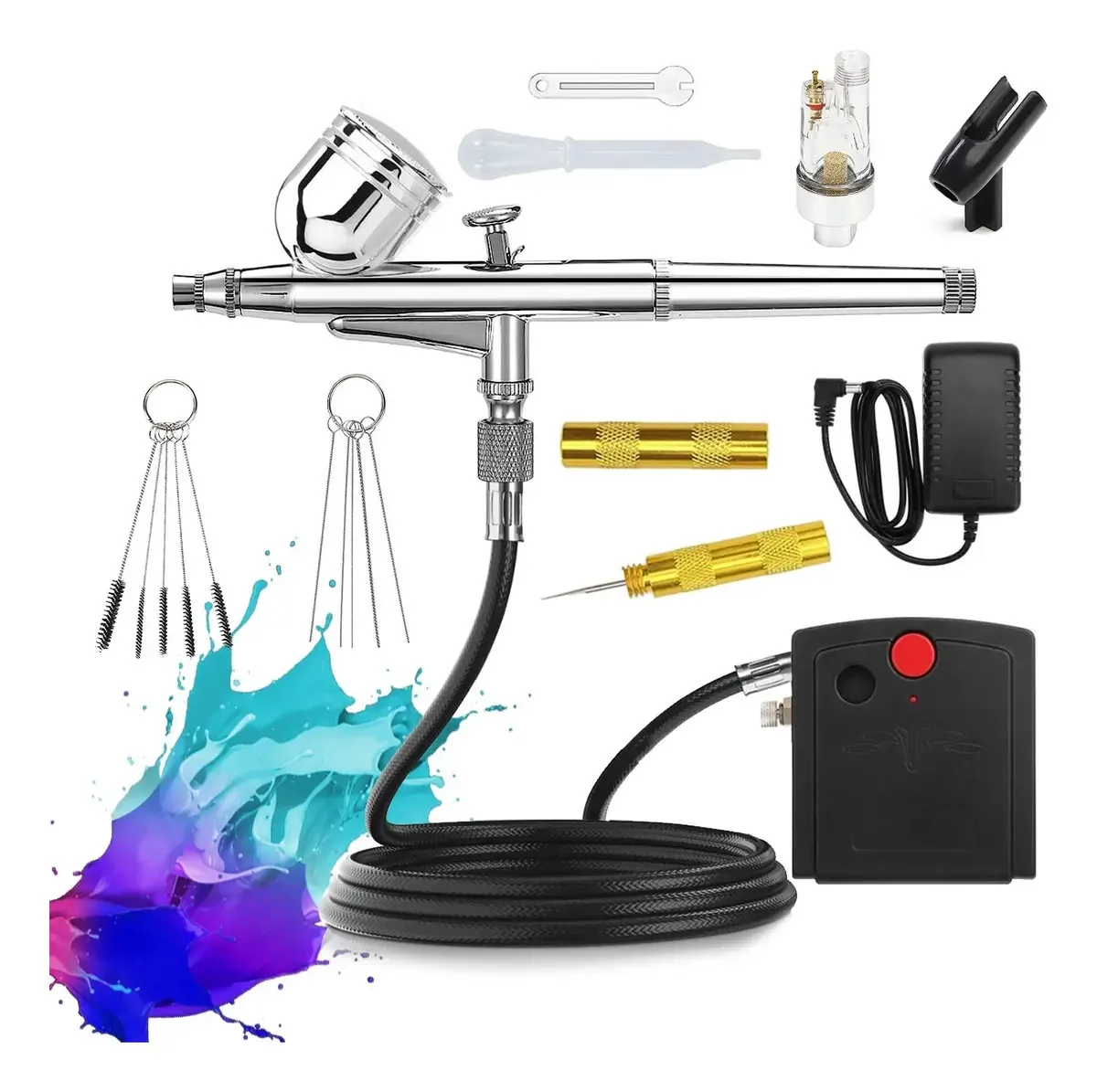 Aerógrafo pneumático Berlla Airbrush Silver com compressor de ar e mangueira