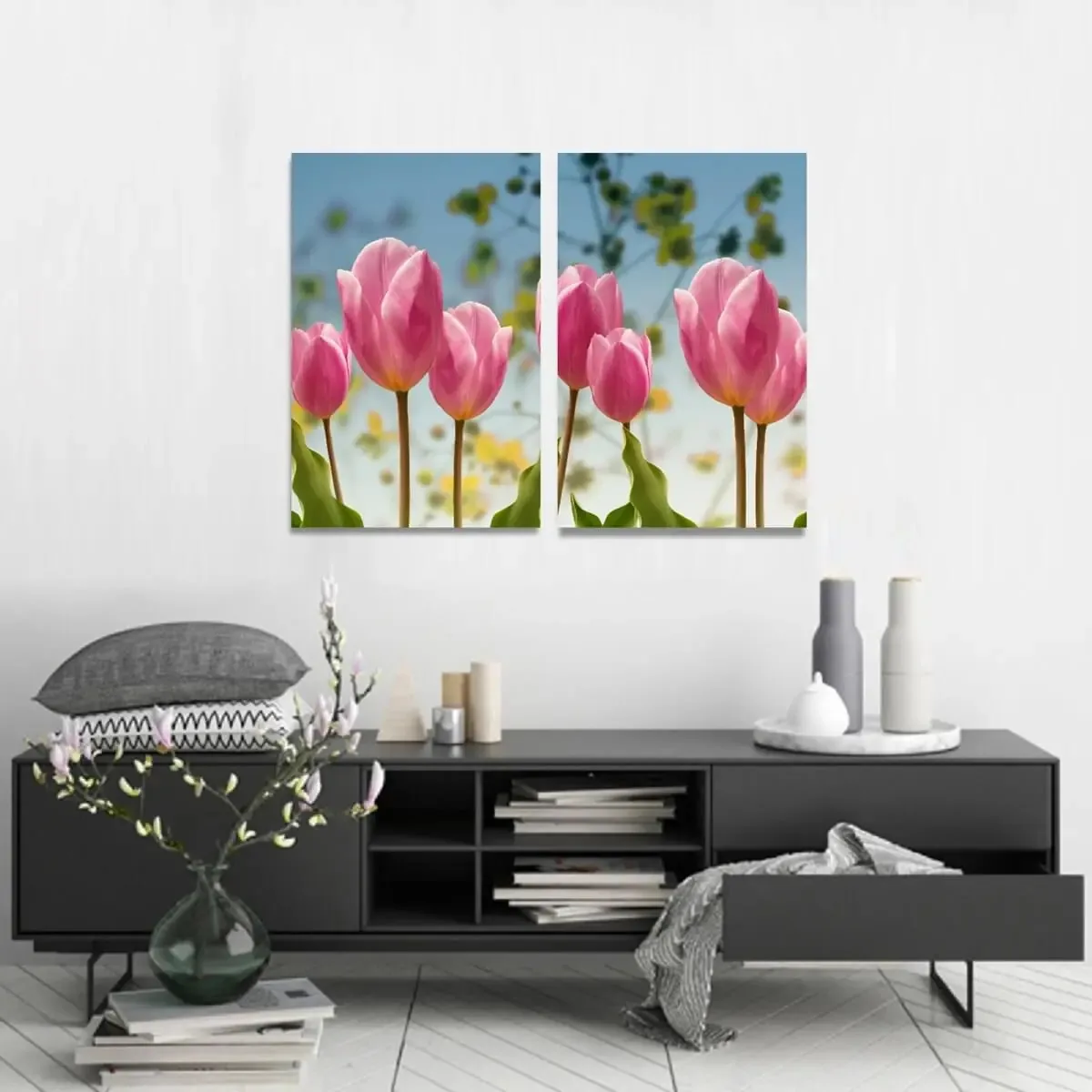 Conjunto 2 Quadros Decorativos Flores Tulipas Em Tecido