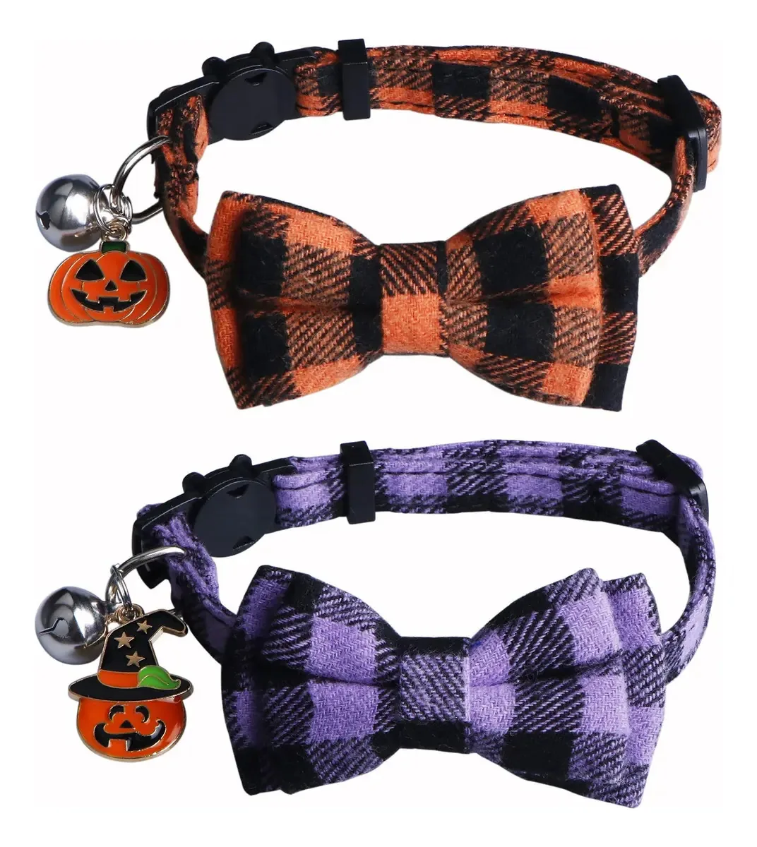 Pacote Stmk de 2 coleiras xadrez para gatos para Halloween C. Cor laranja