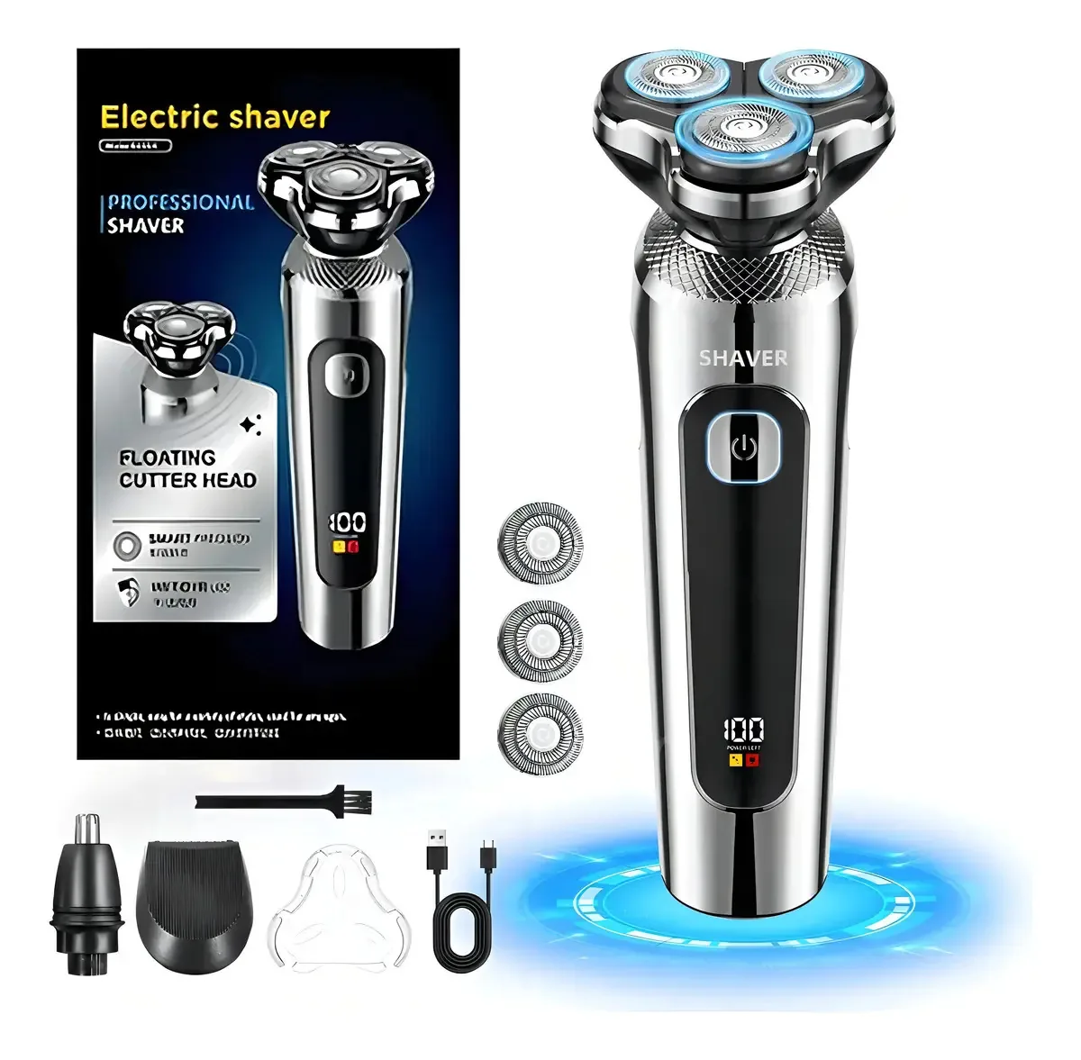 Barbeador elétrico para homens, barbeador rotativo para homens, impermeável, recarregável, seco e úmido para rostos masculinos com cabeça flutuante e sem fio, navalha