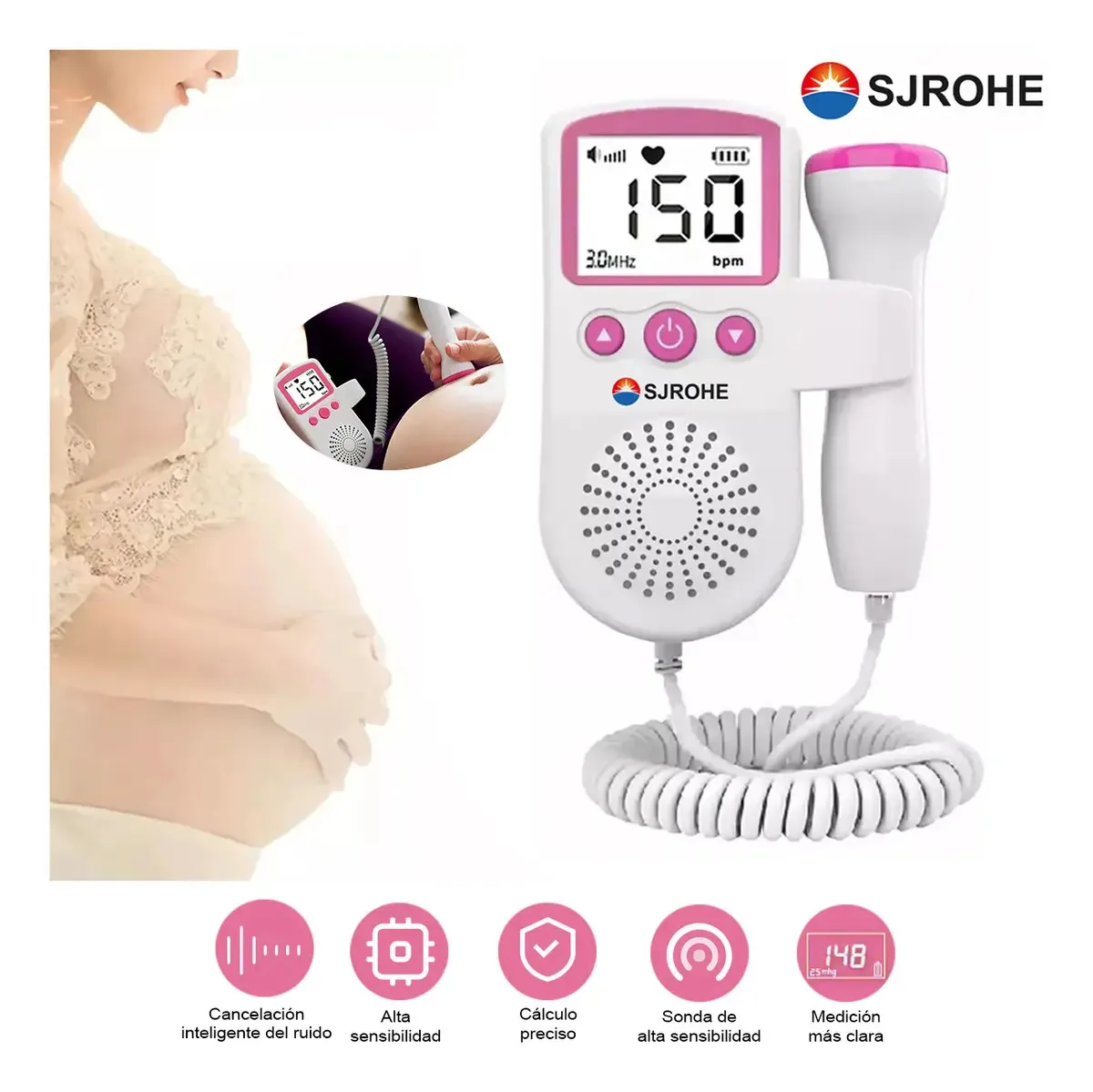 Babá eletrônica sem fio SJROHE Monitor Fetal Doppler 013 branco/rosa