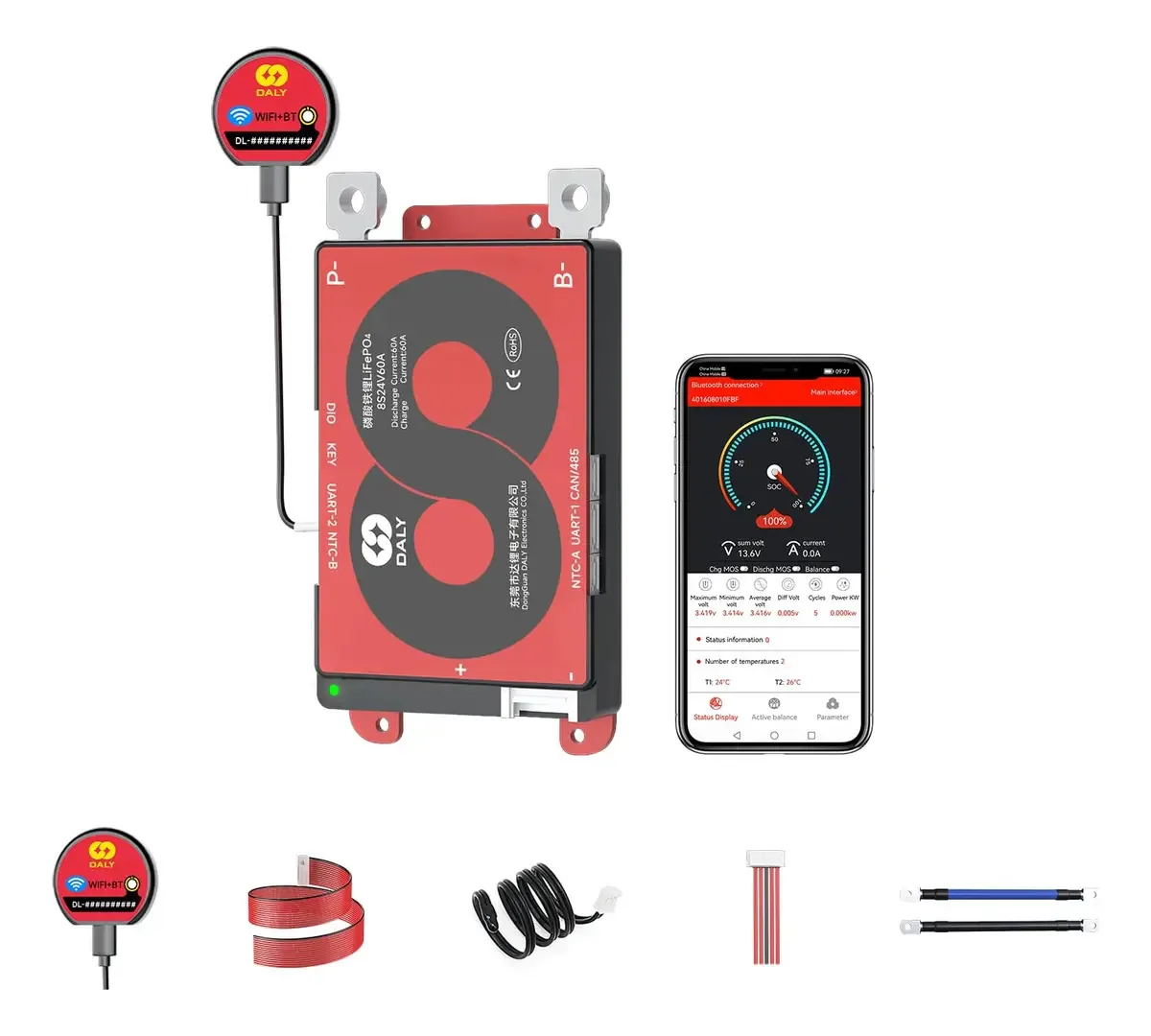 Daly Smart Bms 8s 24V 60a com módulo e placa WiFi