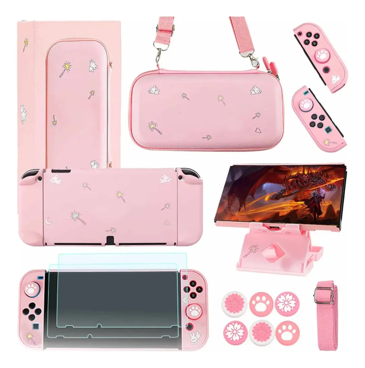 Gutial Pacote De Acessórios Para Nintendo Switch Oled Kit De Acessórios Femininos Rosa Para Nintendo Switch Oled Modelo 2021 Com Capa De Transporte, Protetor De Tela, Suporte Fofo