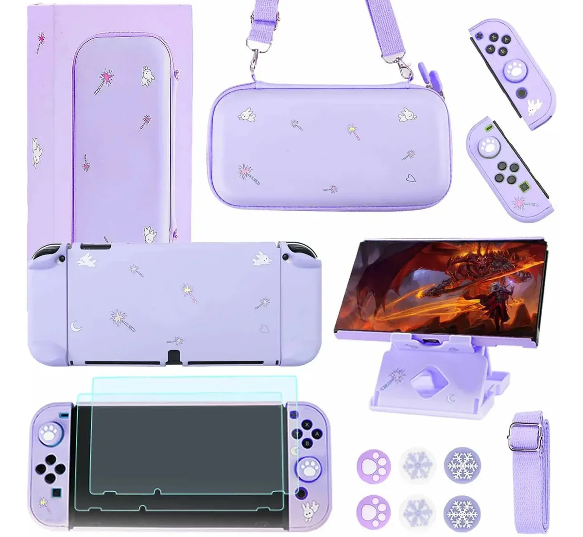 Kit de Acessórios Gutial para Nintendo Switch Oled Acessórios Femininos Roxos para Nintendo Switch Oled com Bolsa de Transporte, Protetor de Tela, Capa Kawaii, Suporte Fofo