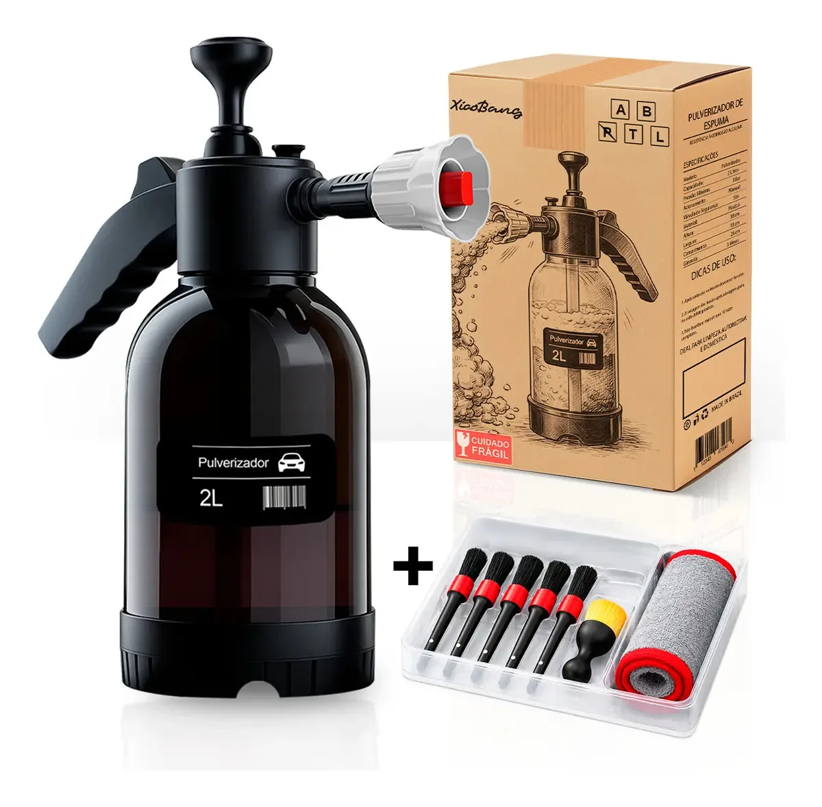 Ferramentas De Trabalho Kit Pulverizador Profissional 2l Snow Foam Alta Pressão Com 3 Bicos Spray Cor Preto + Pincel De Detallado E Toalha De Secagem Microfibra