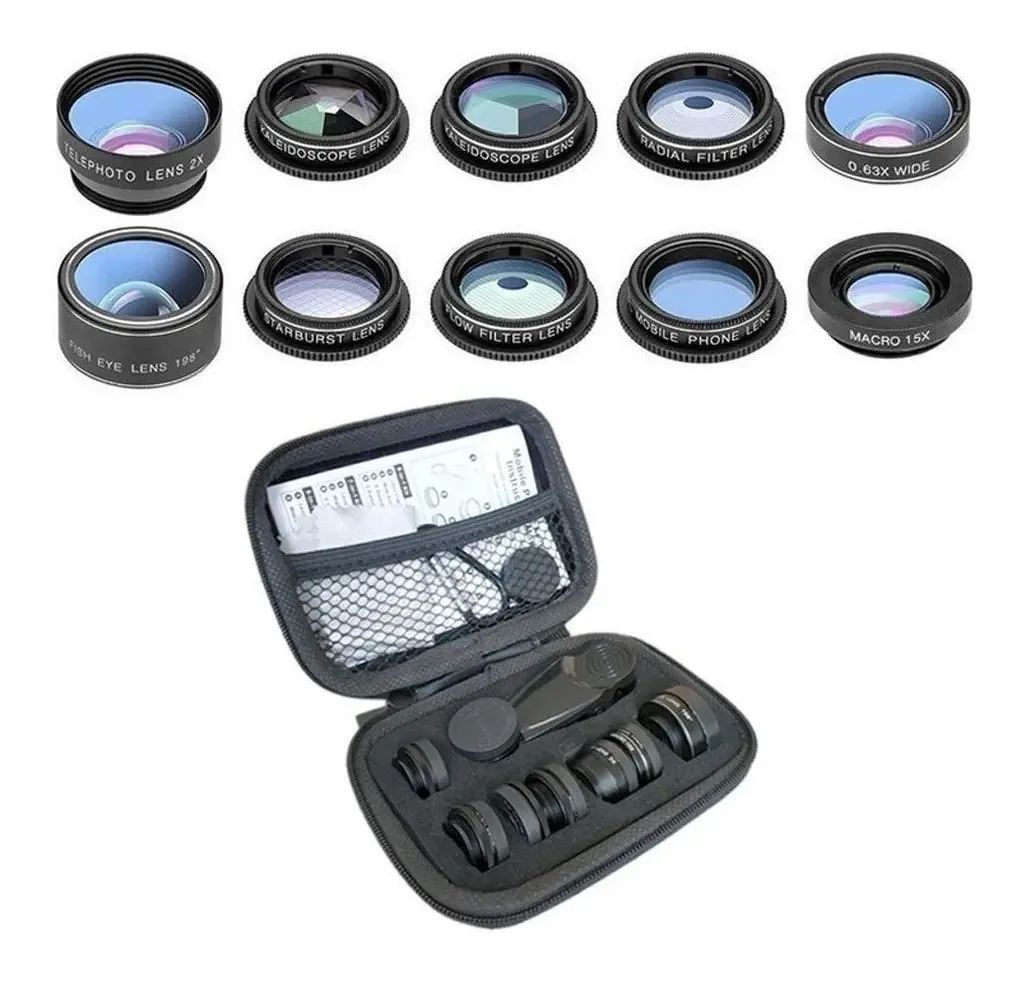 Kit de lentes 10 em 1 para celulares e tablets + estojo