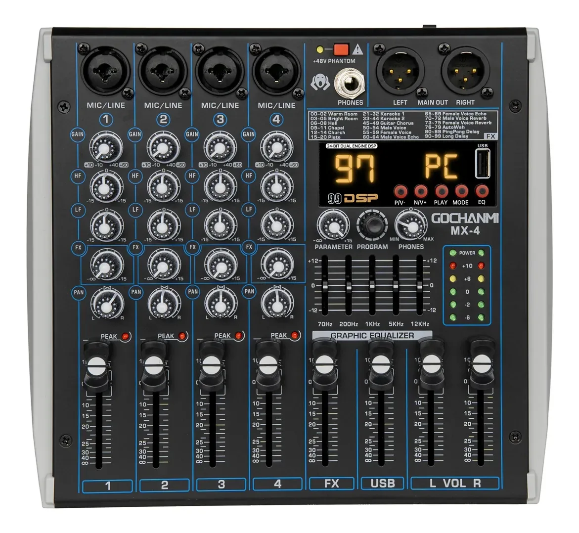 Mesa De Som Gochanmi Mx4 Mixer Profissional 4 Canais 99 Dsp