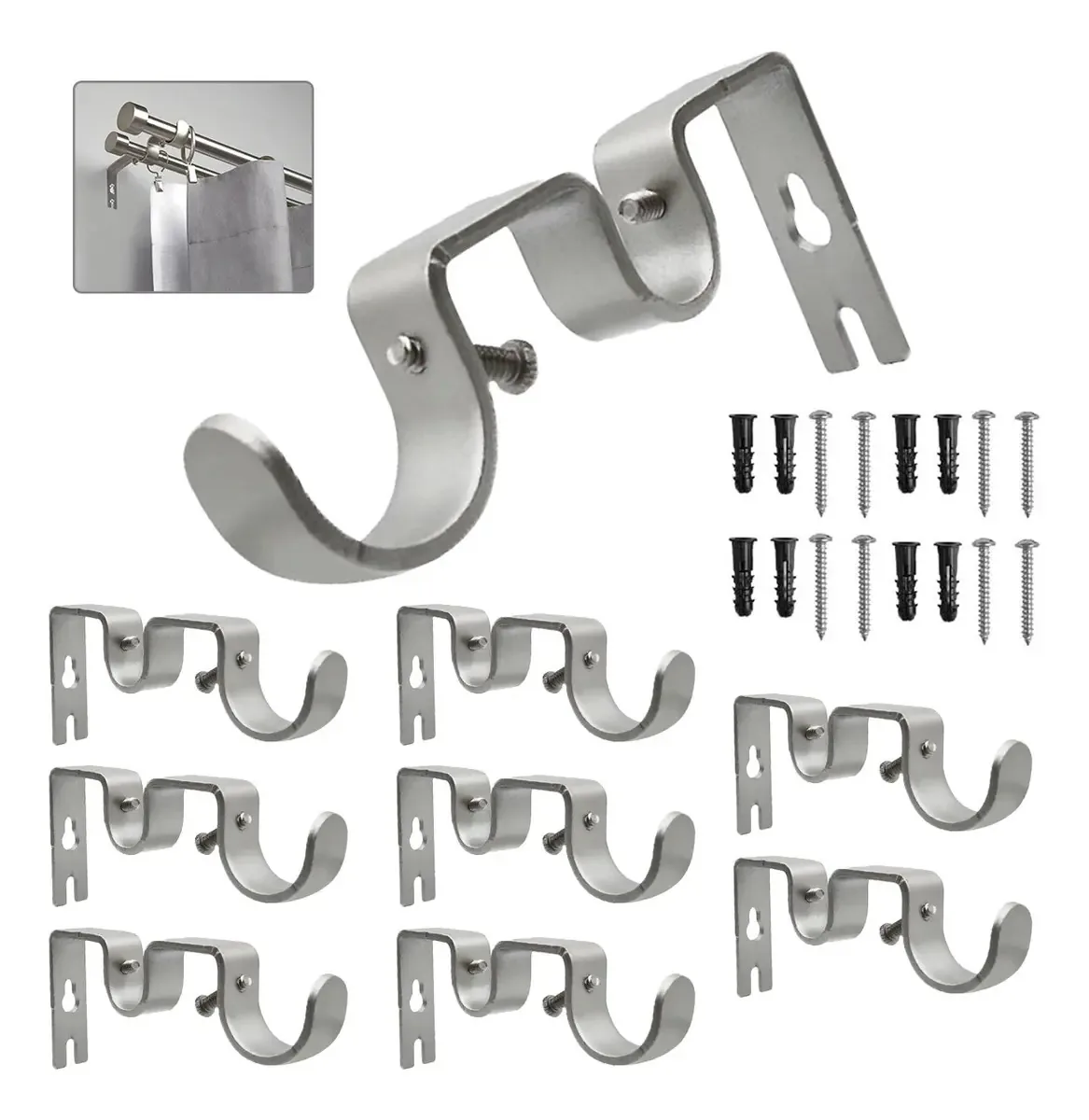 Suporte de cortina de tubo duplo para parede, suporte de cortina, 8 peças, cor prateada