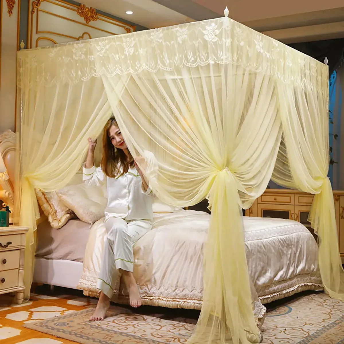 Toldo de tecido de mosquiteiro com 4 portas para cama matrimonial, cor: estilo simples - amarelo