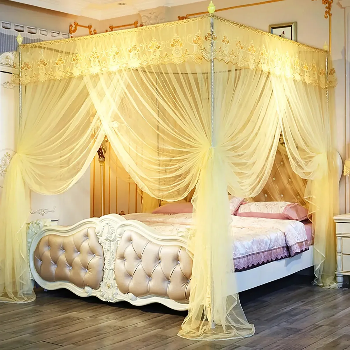 Cama de casal com mosquiteiro de quatro portas Cor Elegant Style - Amarelo
