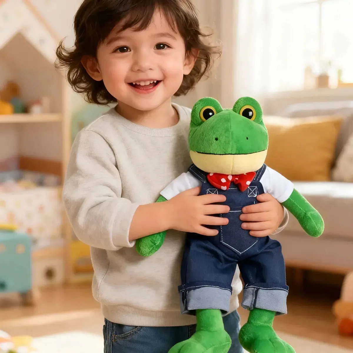 Pelúcia de sapo ideal para crianças. Sapo moderno Sinyi Frog Frog com macacão verde de tamanho médio