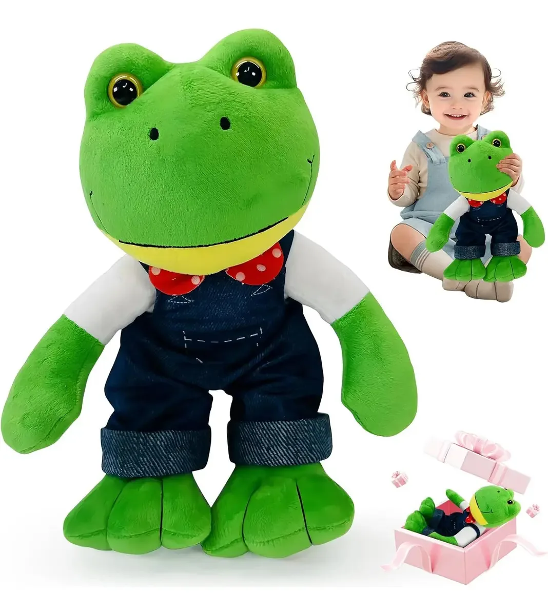 Sapo de pelúcia Rene, sapo de 30 cm com macacão, presentes para bebês