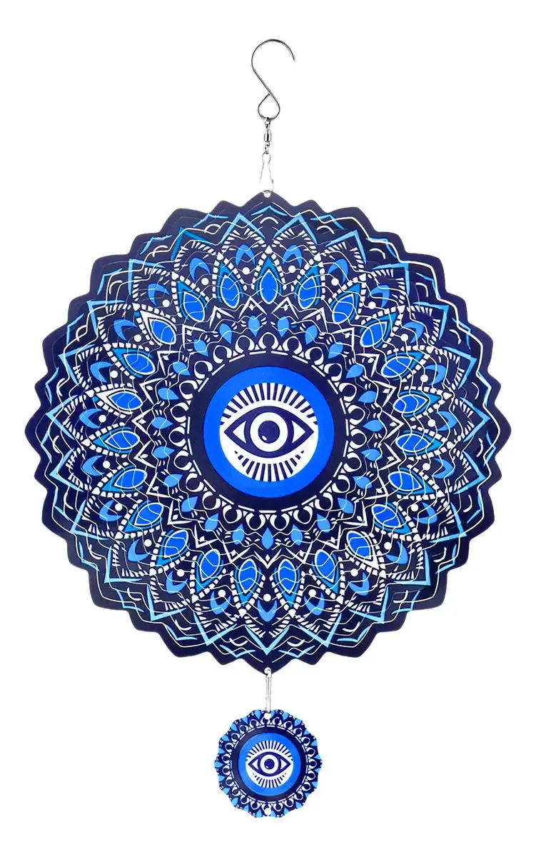 Carrilhão de vento 3D de aço inoxidável Swivel Mandala Devil Eyes Garden Patio Aço Inoxidável Parede suspensa Evil Eyes