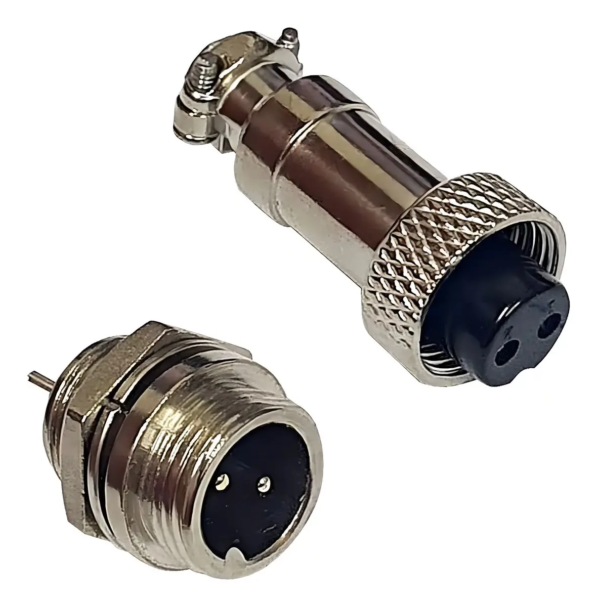 Conector GX20 2 Pinos Macho Painel e Fêmea Aviação Metal Prateado