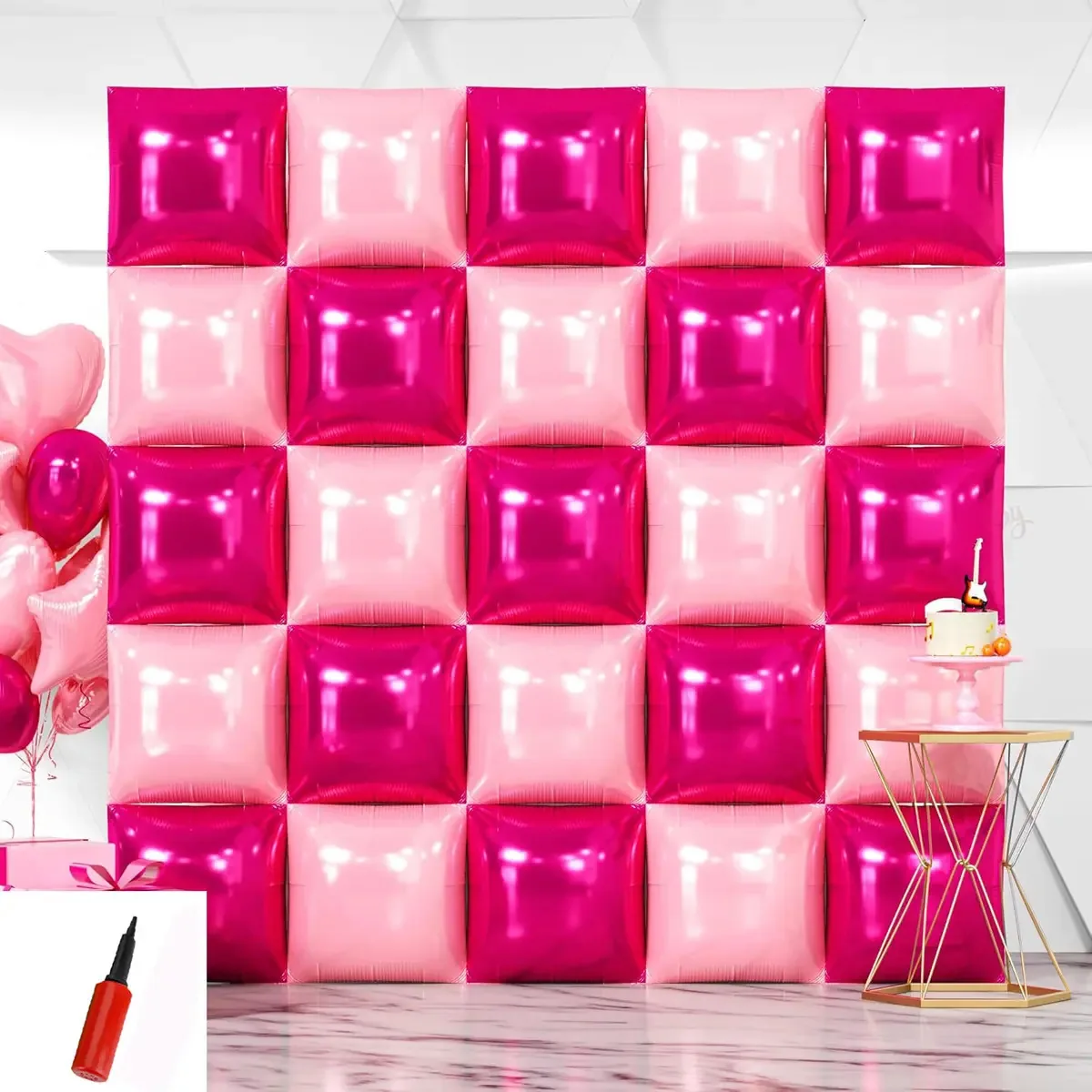 Decoração de aniversário de 25 balões quadrados com fundo rosa