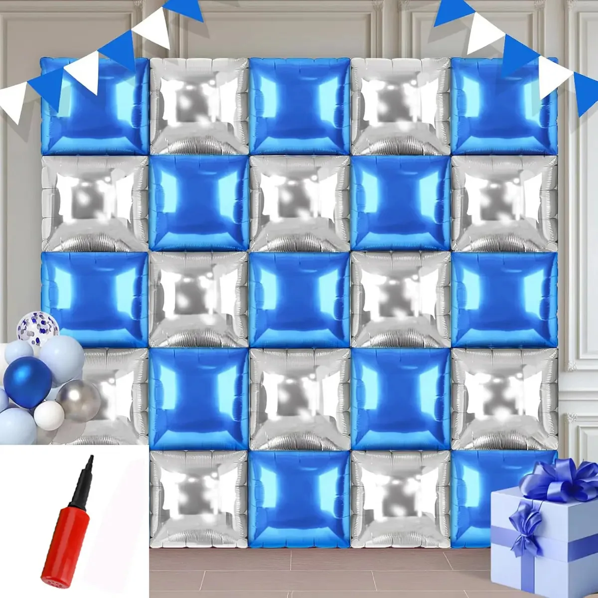 Decoração de aniversário de 25 balões quadrados com fundo azul