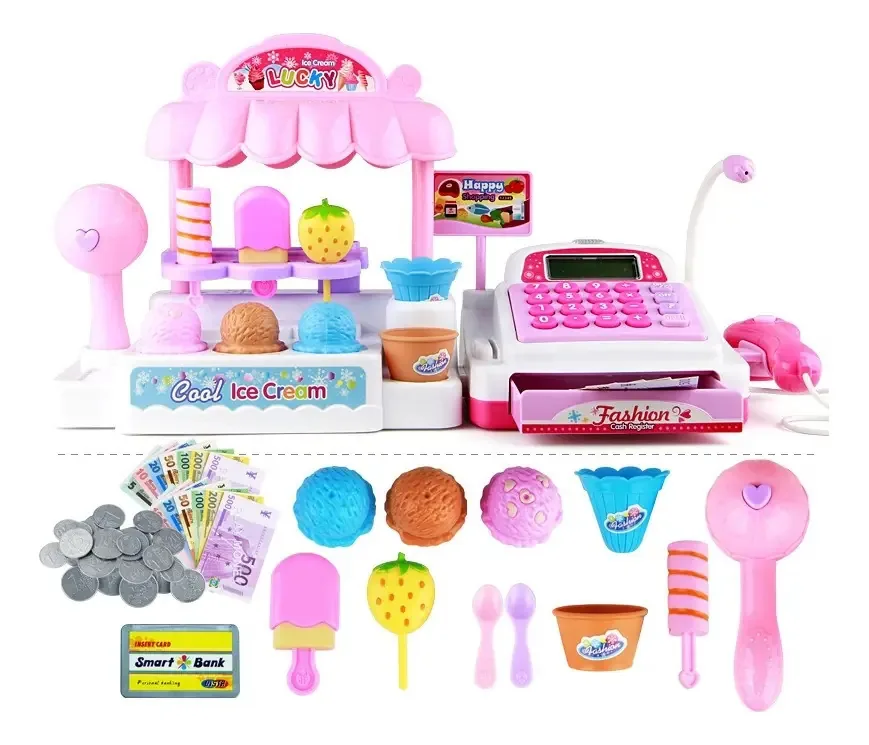 Conjunto de brinquedos infantis com caixa registradora de sorvete - rosa