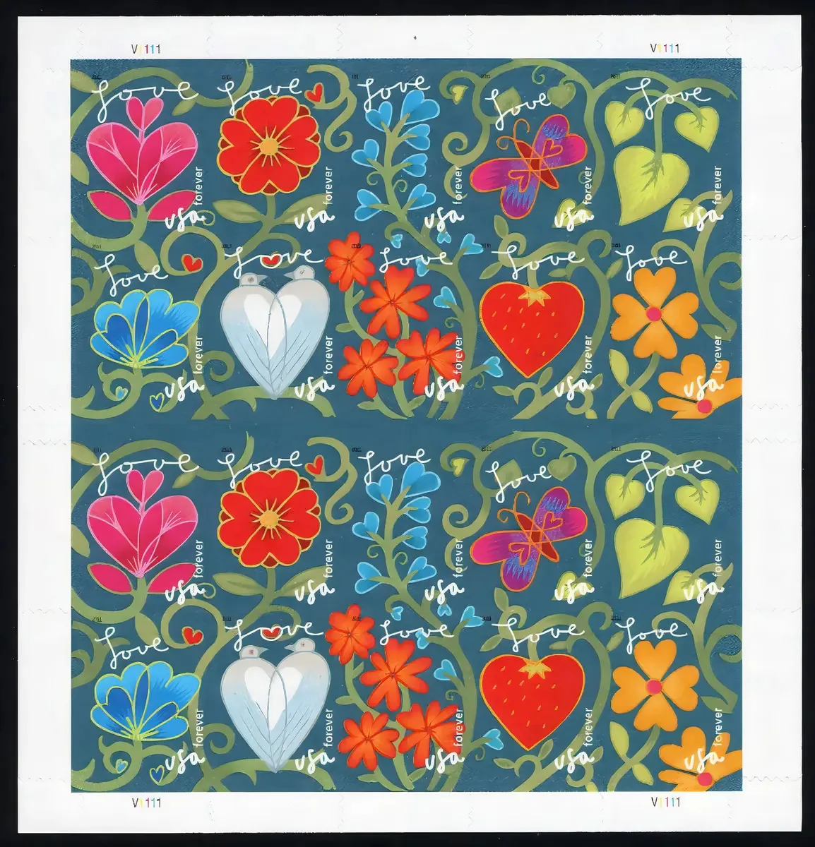 Folha Jardim do Amor com 20 Selos Postais Forever dos EUA por Buengna