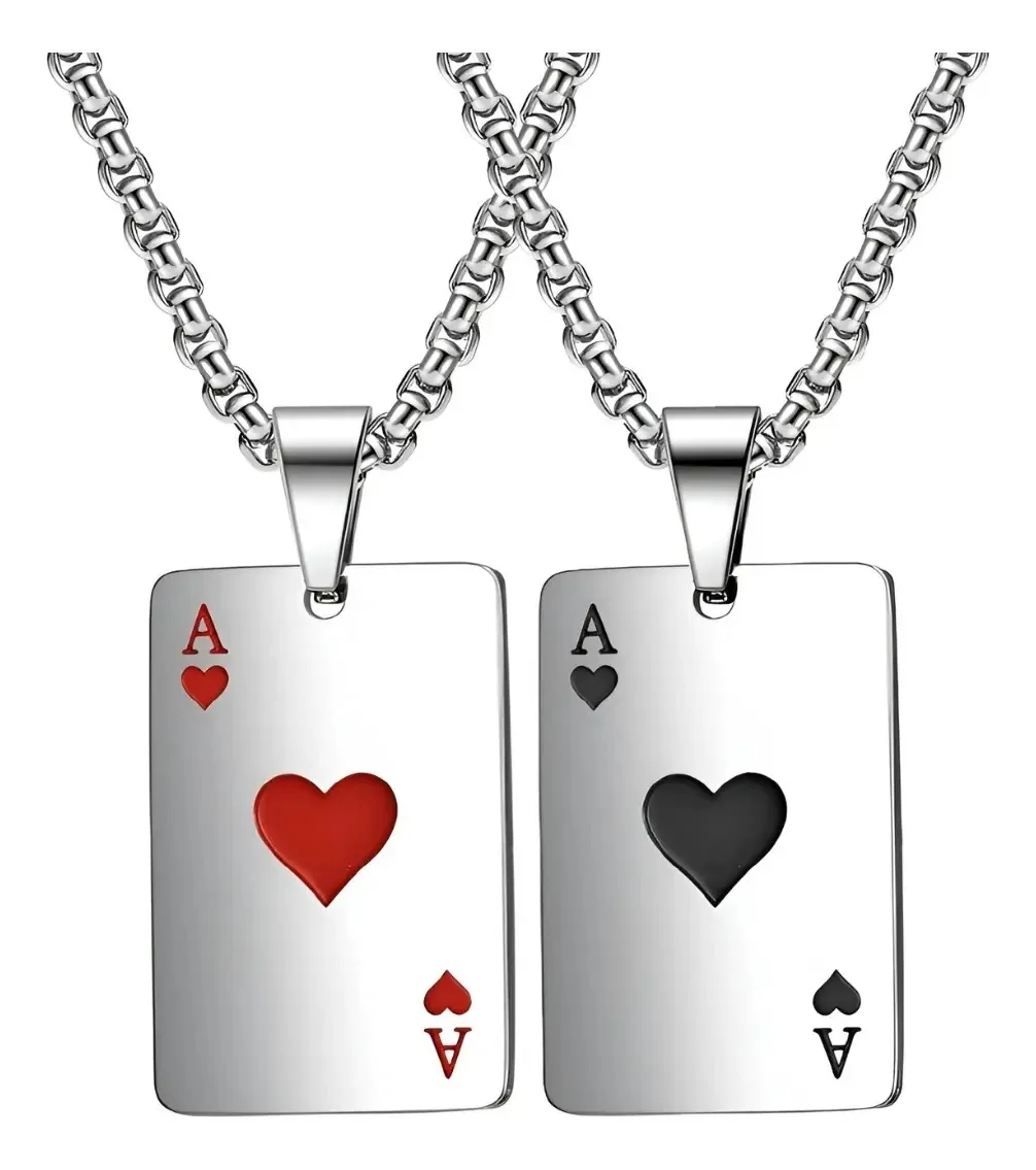 Kit Colar 70cm + Pingente Cartas De Poker Baralho Prateado