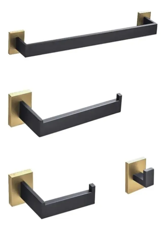 Kit De Acessórios Banheiro Preto Fosco Dourado Escovado 4 Pç