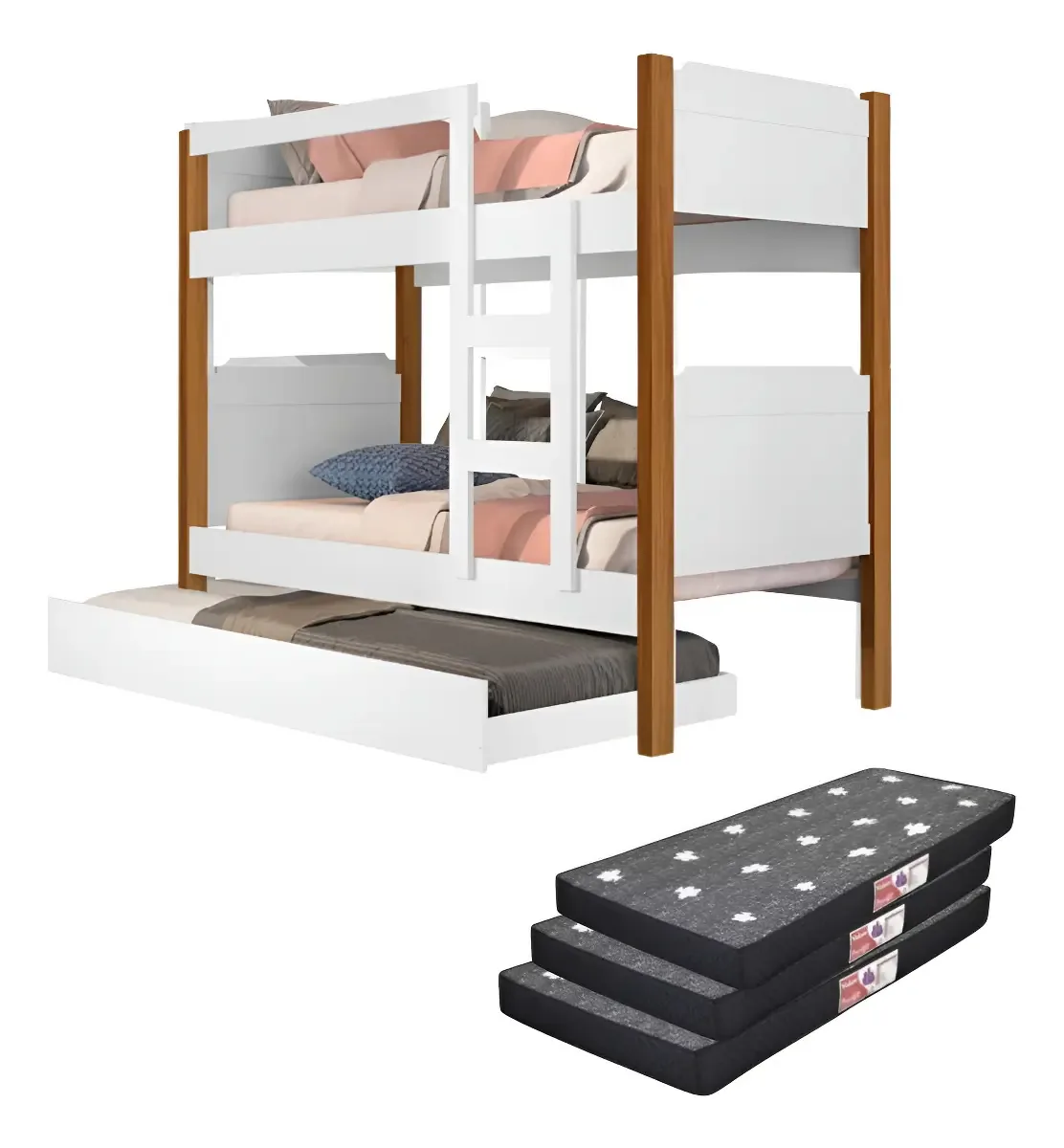 Beliche Solteiro Com Cama Auxiliar MDF Com Colchões Inclusos Branco/Nature