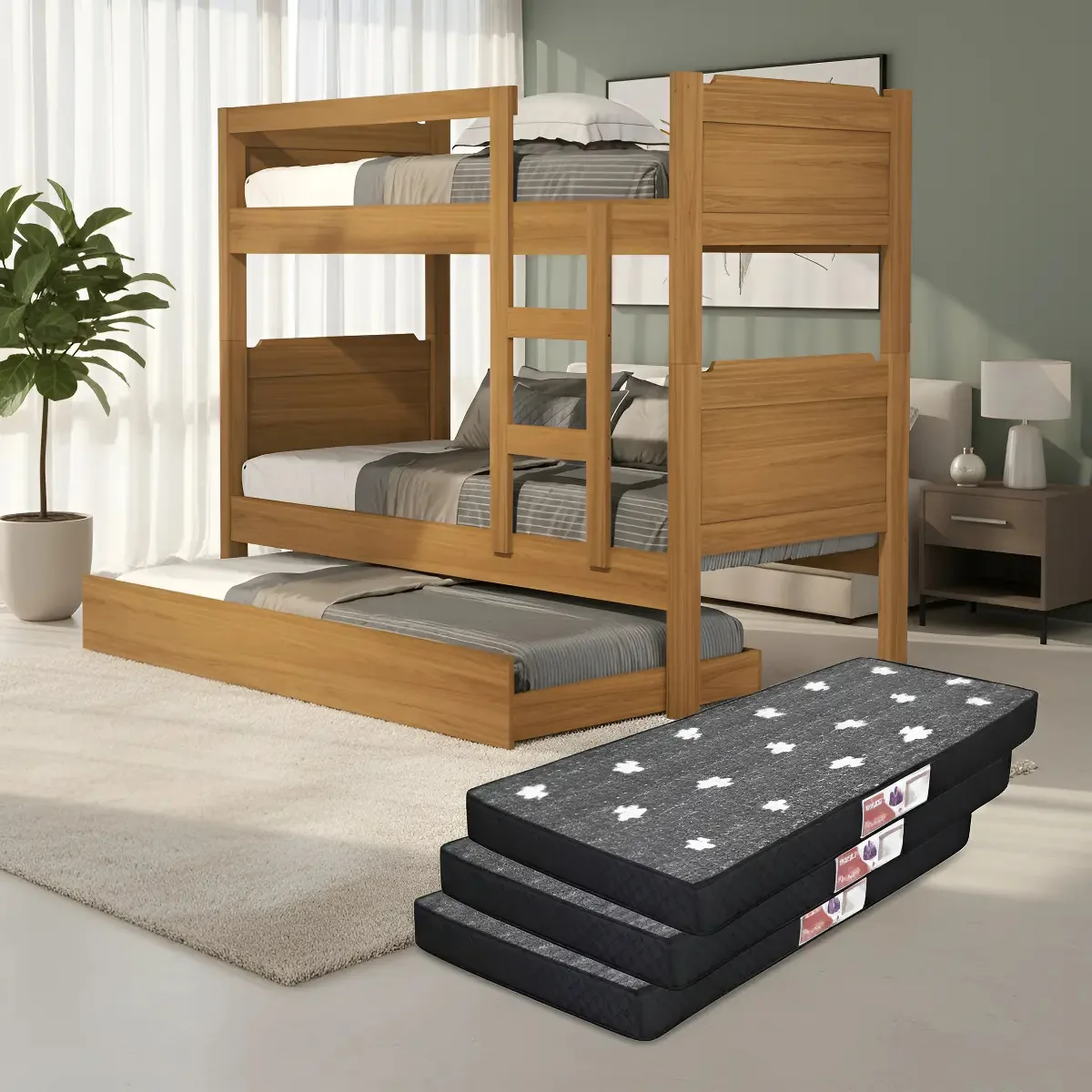 Beliche com Cama Auxiliar Solteiro B&A Bento Nature com 3 Colchões Incluídos