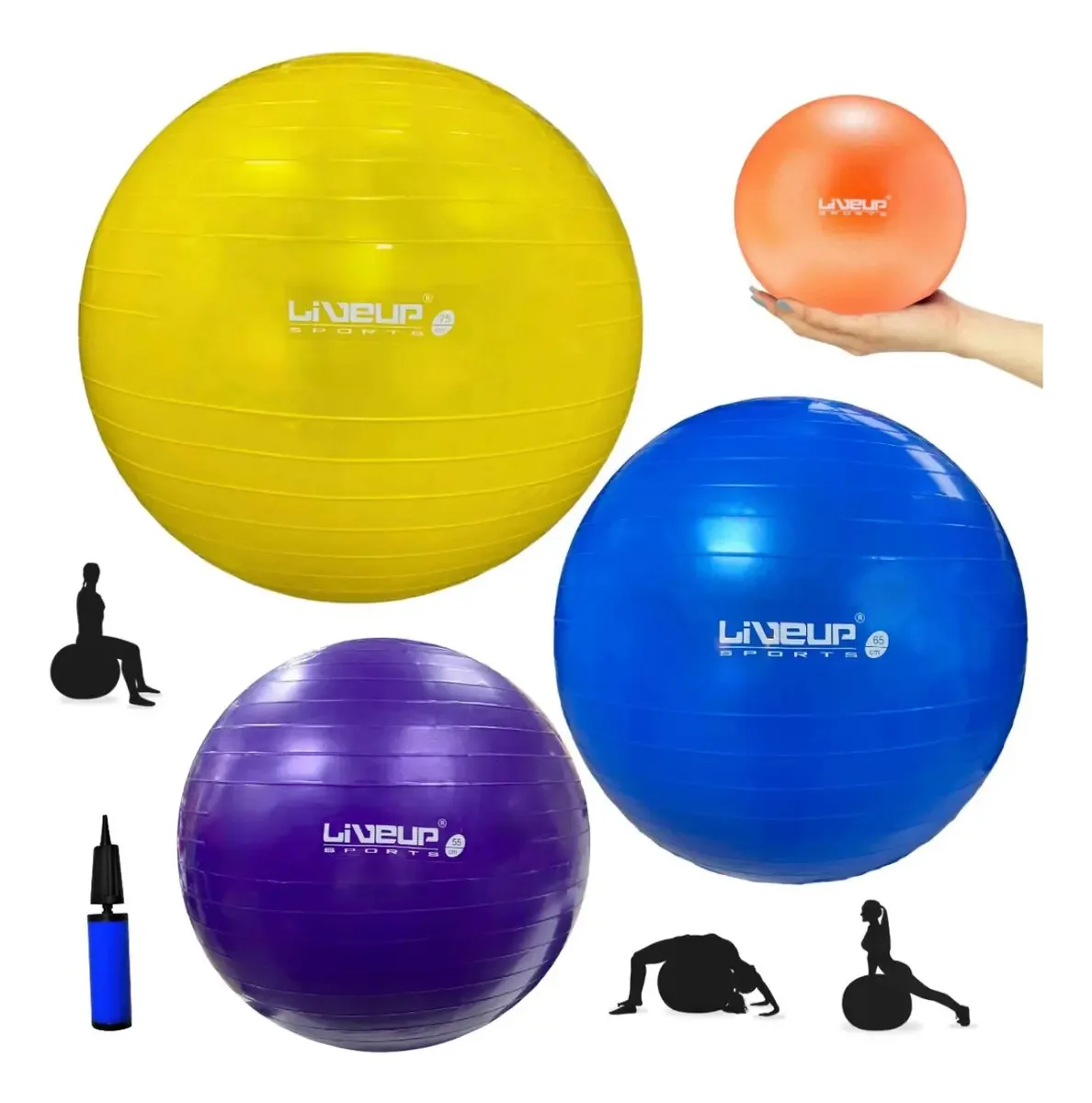 Kit 3 Bolas Suíças para Pilates e Yoga com Overball e Bomba Infladora