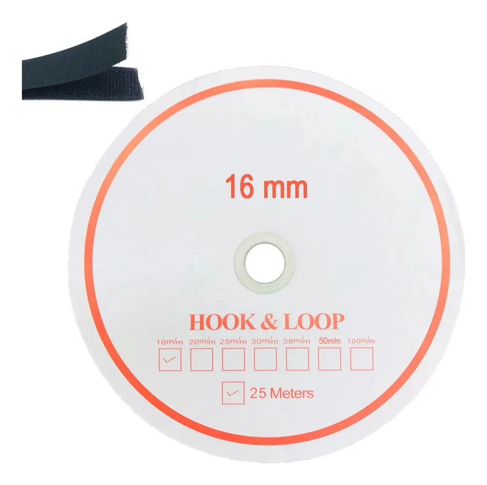 Fecho de Contato Velcro 16mm 25m Preto Hook Loop Rolo Costura