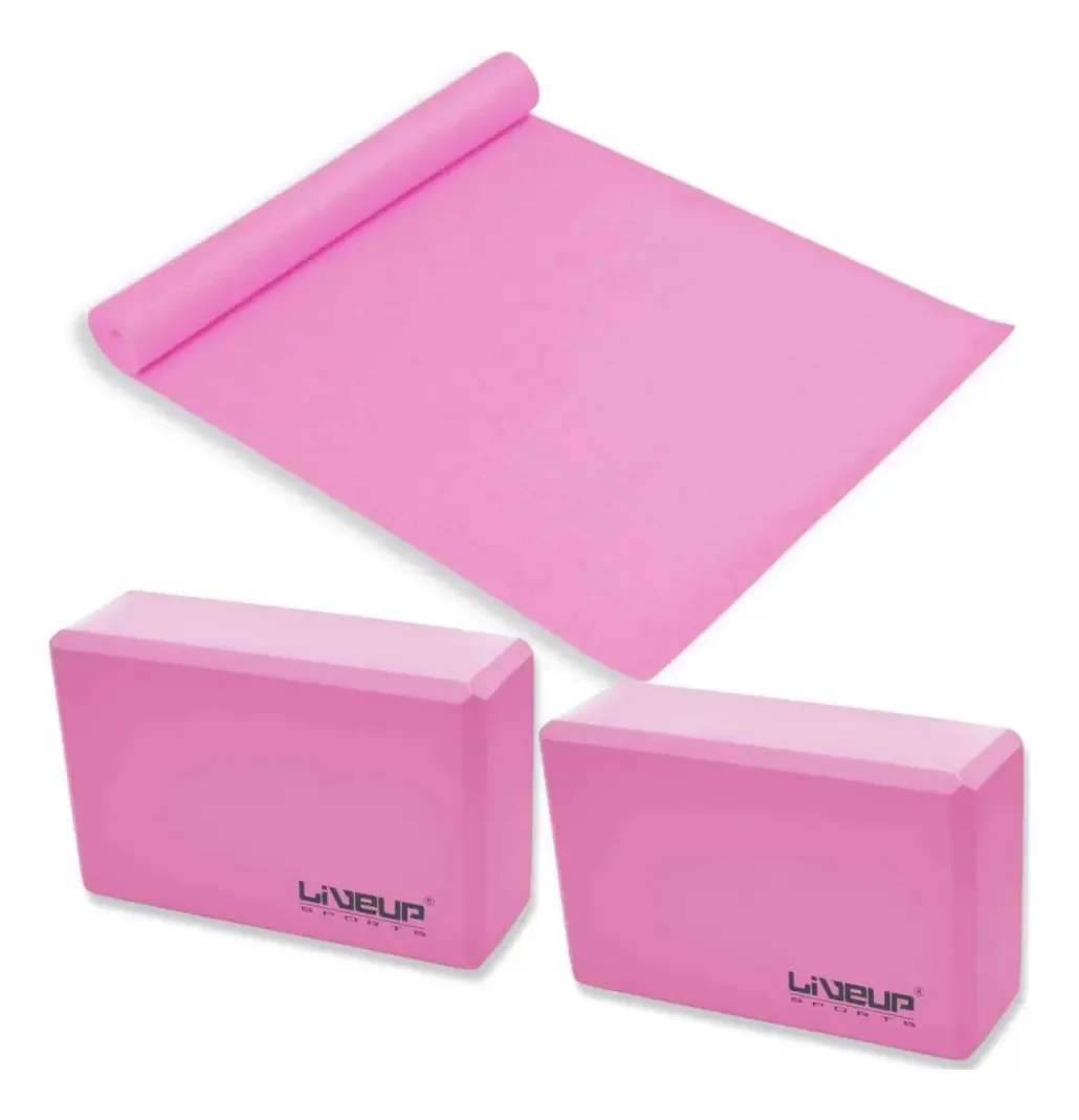 Kit Pilates e Yoga Rosa c/ Colchonete e 2 Blocos Liveup