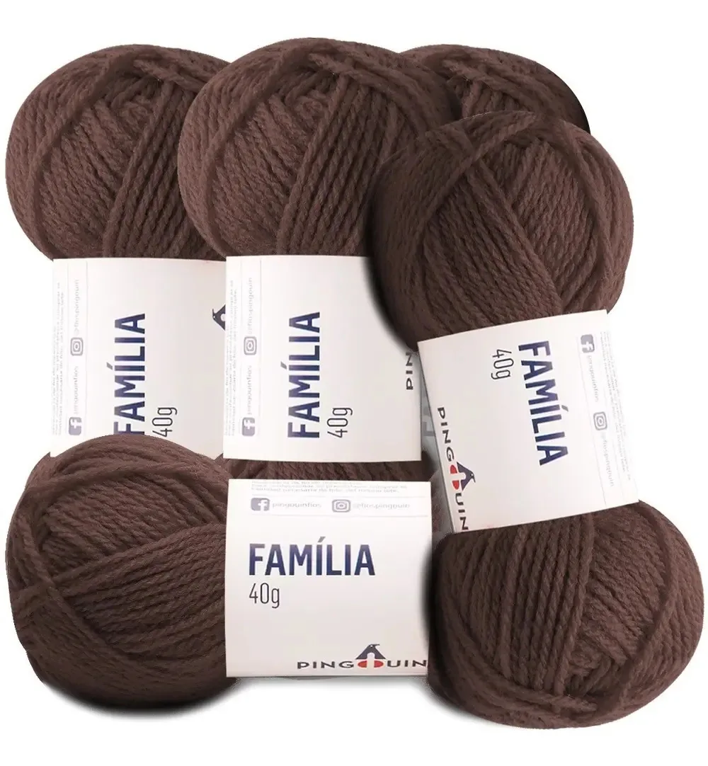 Kit 5 Lãs Família Pingouin 40g 106mts Crochê Tricô Cor 0713 - Marrom Tabaco