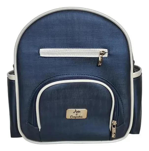 Mochila Azul Marinho Com Bege Linho Anne Arte E Cia