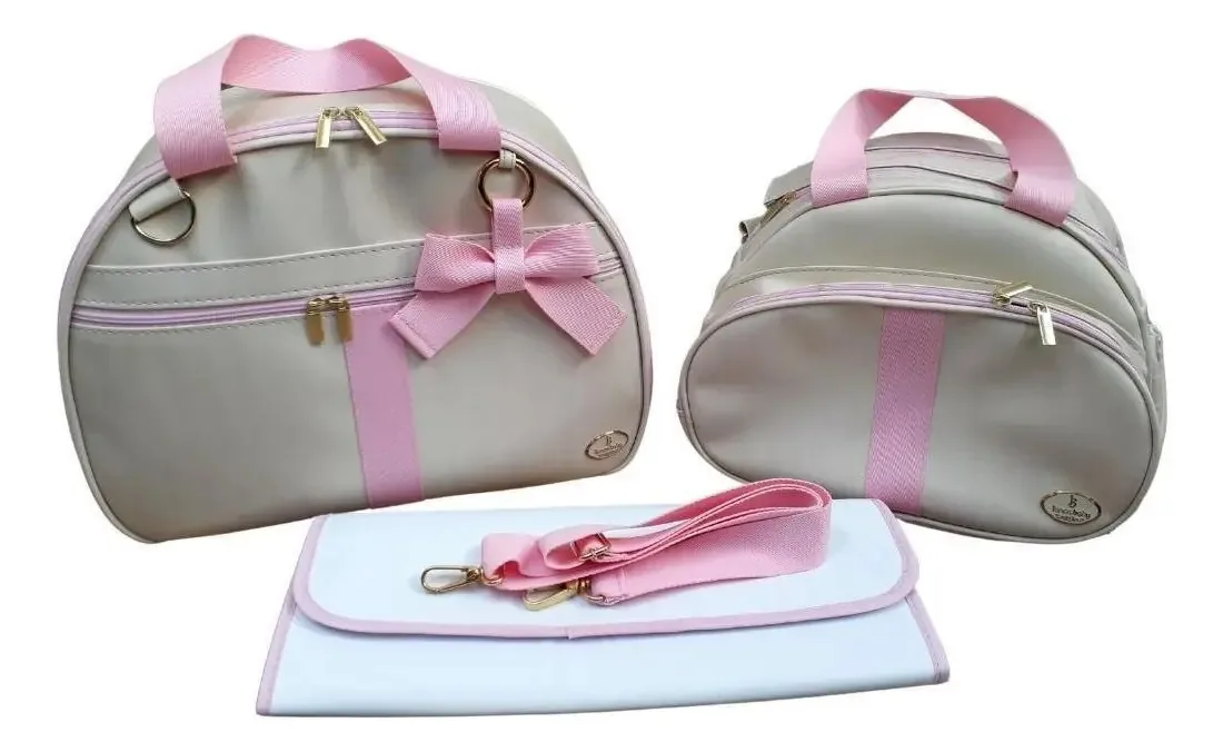 Kit Bolsa Maternidade Bege Com Rosa Bebe Linho Ib