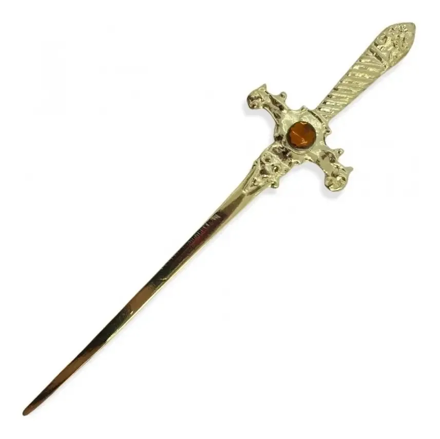 Adaga Antiga Meta Atacado Dourada Pedra Amarela 15cm