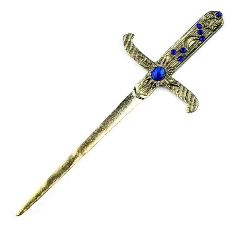 Punhal Metal Dourado Envelhecido 19 Cm Pedra Azul Strass