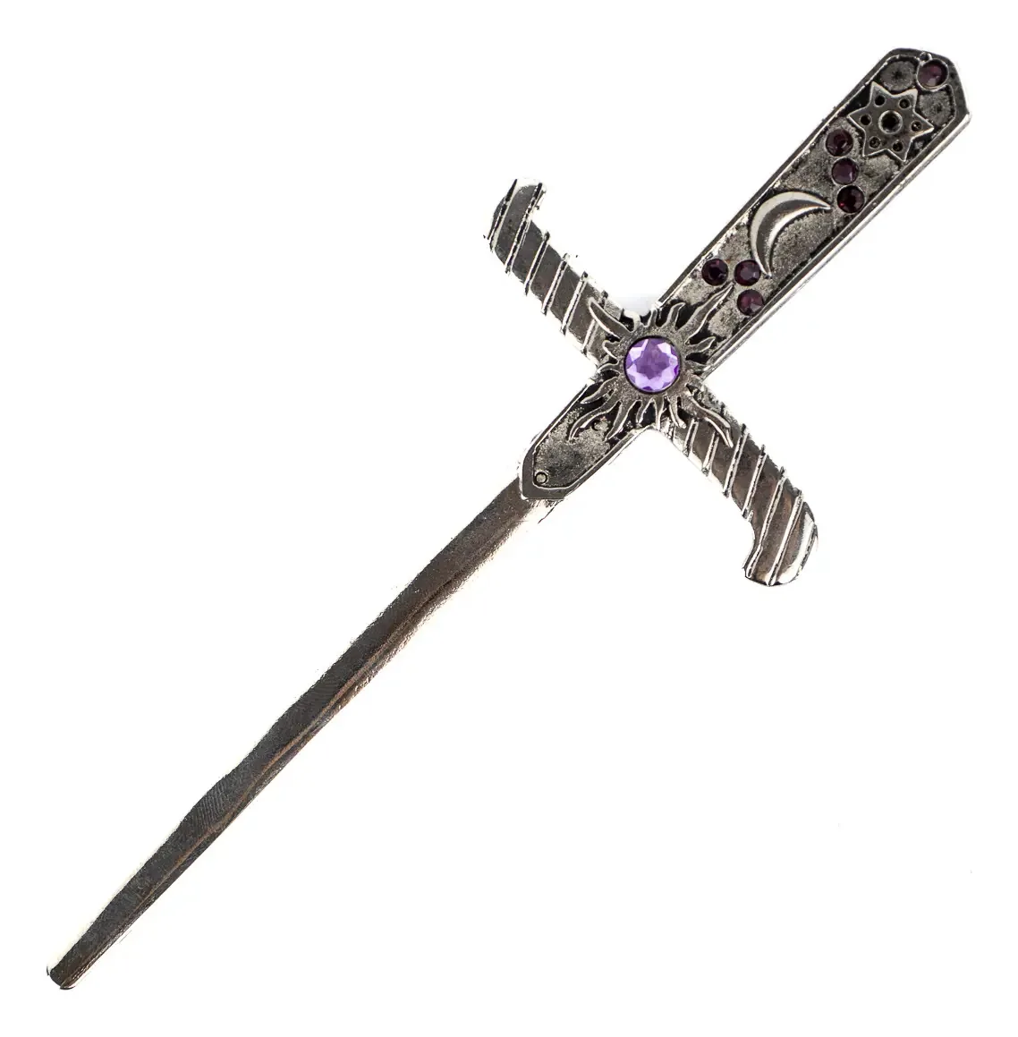 Punhal Adaga Metal Banho No Prata Velho Stras Roxo 19cm