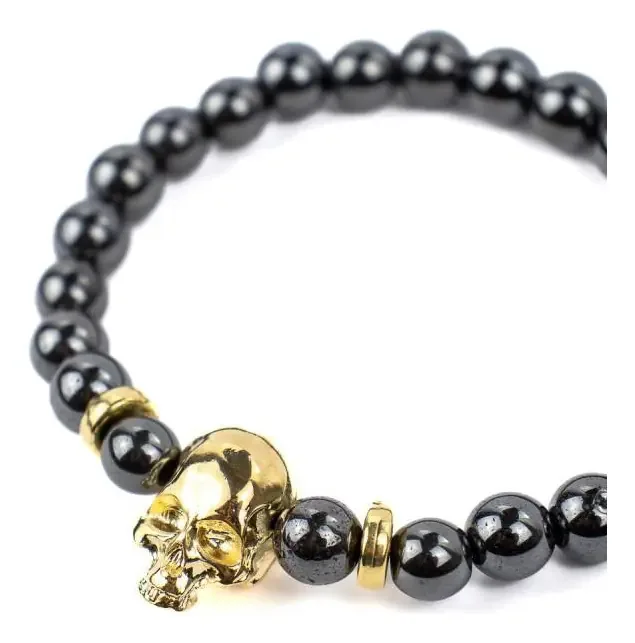 Pulseira Crânio Dourado Pedra Hematita 8mm Proteção